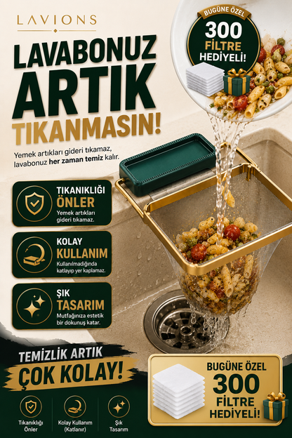 LAVIONS Katlanır Mutfak Lavabo Süzgeci – 300 Filtre Hediye | Tıkanıklık Önleyici