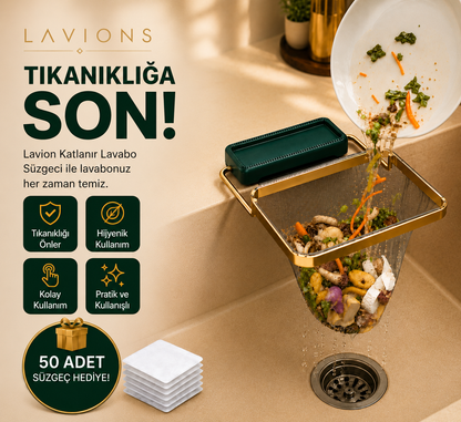 LAVIONS Katlanır Mutfak Lavabo Süzgeci – 50 Filtre Hediye | Tıkanıklık Önleyici